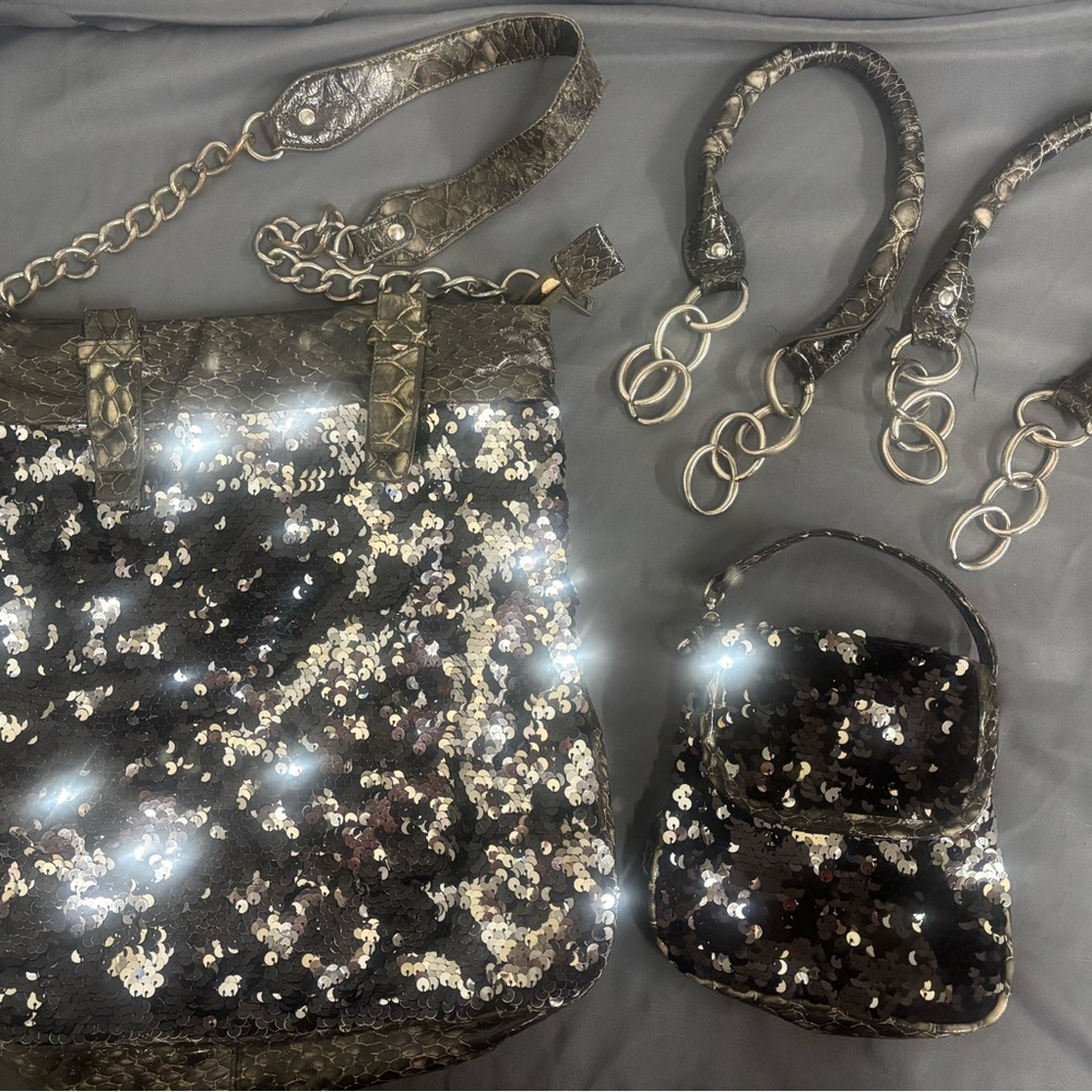Black Shoulder Bag with Sparkling Sequins and Silver Chain Strap